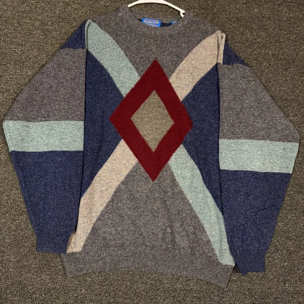 Pendleton Mens Pure Virgin Wool Geometric Diamond Colorblock Crewneck Sweater L